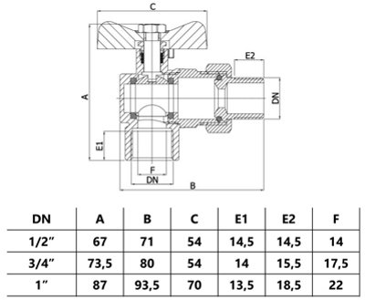 Invena 1/2 Inch Water Angled Ball Valve with Butterfly Handle Female x Male
