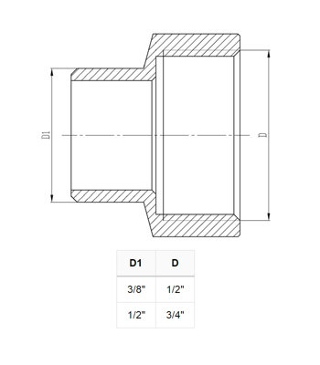 Invena 1/2x3/8 Inch Pipe Thread Reducer Connection Female x Male Fittings Chrome