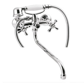 Invena Bath Tap Filler Shower Chrome Crosshead Long 'S' Type Spout Wall Mounted