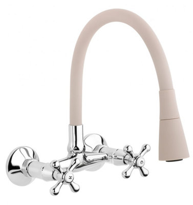 Invena Beige Flexible Spout Chrome Kitchen Tap Wallmounted Faucet Cross Heads Mixer