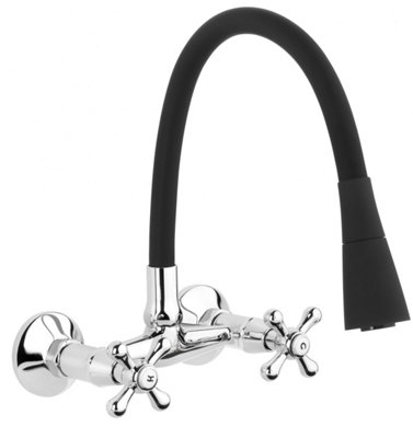 Invena Black Flexible Spout Chrome Kitchen Tap Wallmounted Faucet Cross Heads Mixer