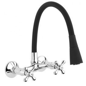 Invena Black Flexible Spout Chrome Kitchen Tap Wallmounted Faucet Cross Heads Mixer