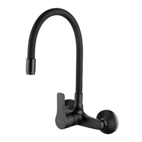 Invena Black Wall Mounted Kitchen Tap Elastic Spout Faucet Single Lever Water Mixer