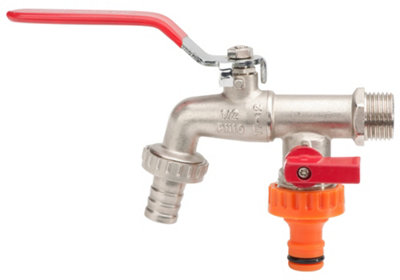 Invena Double Duo Outlet Garden Tap Ball Valve Faucet Red Handle 1/2" x 3/4" x 3/4" BSP