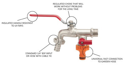 Invena Double Duo Outlet Garden Tap Ball Valve Faucet Red Handle 1/2" x 3/4" x 3/4" BSP - 3