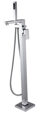 Invena Freestanding Chrome Bath Tap Rectangle Shaped Bathtub Tall Faucet Shower Mixer