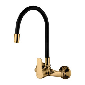 Invena Gold Wall Mounted Kitchen Tap Elastic Spout Faucet Single Lever Water Mixer