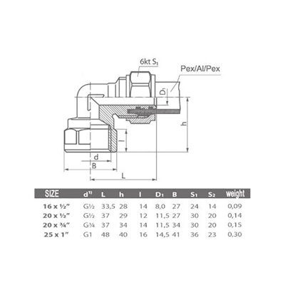PEX-AL-PEX 16mm x 1/2 Male BSP Compression Fittings Elbow Pipe