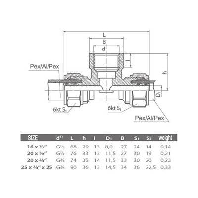 Invena PEX-AL-PEX 16mm x 1/2" Female BSP x 16mm Compression Fittings Tee Connector