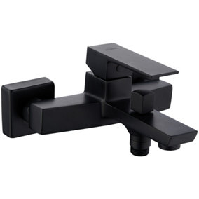Invena Rectangle Shaped Bath Tap Faucet Bathroom Black Brass Ceramic Mixer Wall Mounted