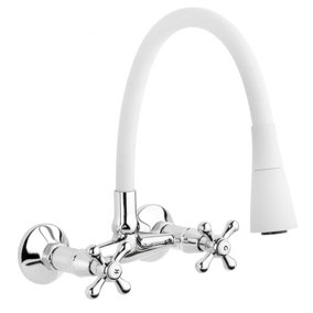 Invena White Flexible Spout Chrome Kitchen Tap Wallmounted Faucet Cross Heads Mixer