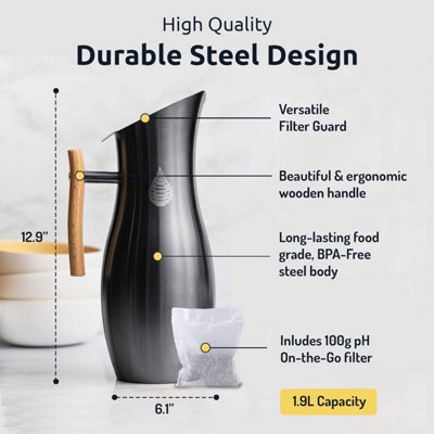 Invigorated Water Black Stainless Steel Alkaline Water Filter Jug 1900ml - 5