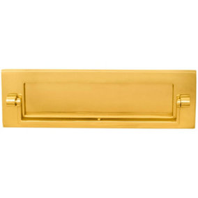 Inward Opening Letter Plate with Knocker 226mm Fixing Centres Polished Brass