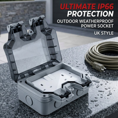 IP 66 Waterproof Outdoor 13 A 2-Gang Switched Double Socket