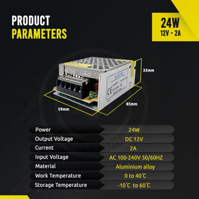 IP20 12V 2A 24W DC Power Supply Adapter, AC 100-120V to DC 12V LED ...