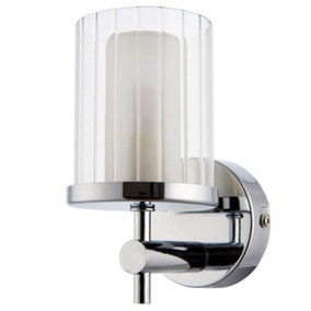 IP44 Bathroom Wall Light Chrome & Clear Ridged Glass Modern Round Dimmable Lamp