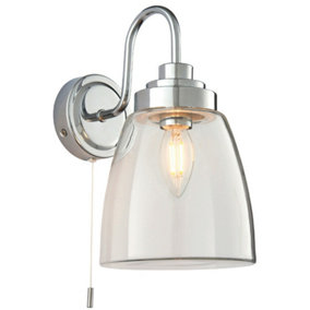 IP44 Bathroom Wall Light Chrome & Domed Clear Glass Modern Curved Arm Oval Lamp