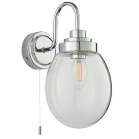 IP44 Bathroom Wall Light Chrome & Round Clear Glass Modern Curved Arm Oval Lamp