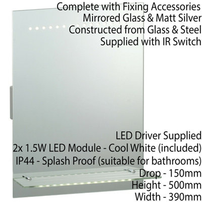 IP44 LED Bathroom Mirror 50cm x 39cm Vanity Light Glass Shelf & Shaver Socket