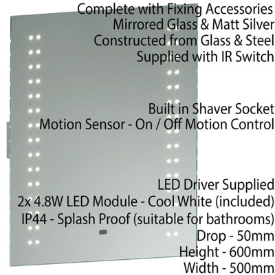 IP44 LED Bathroom Mirror 60cm x 50cm Vanity Light Shaver Socket & Motion Switch