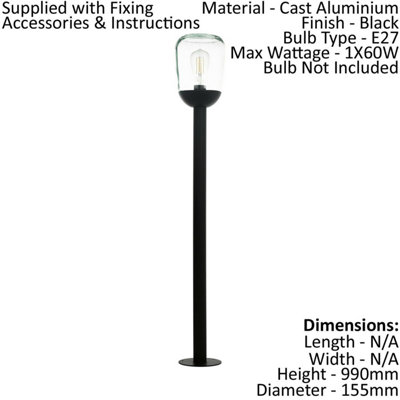 IP44 Outdoor Bollard Light Black Aluminium & Glass 1 x 60W E27 Bulb Lamp Post