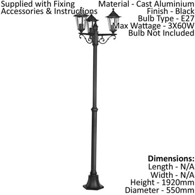 IP44 Outdoor Bollard Light Black Cast Aluminium 3 Arm 60W E27 Tall Lamp Post