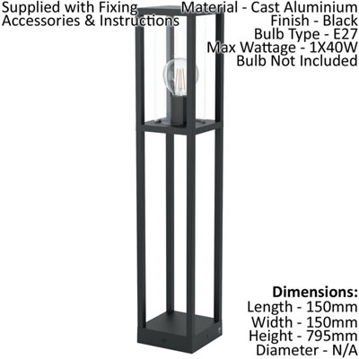 IP44 Outdoor Bollard Light Black Cast Aluminium Box 1 x 40W E27 Tall Lamp Post