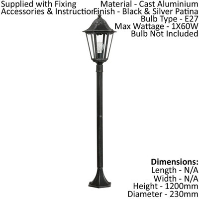 IP44 Outdoor Bollard Light Black & Silver Lantern 1200mm Tall Post 60W E27