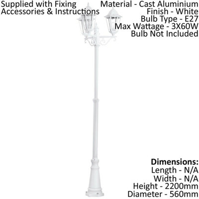 IP44 Outdoor Bollard Light White Aluminium Lantern 3 Arm 60W E27 Tall Lamp Post