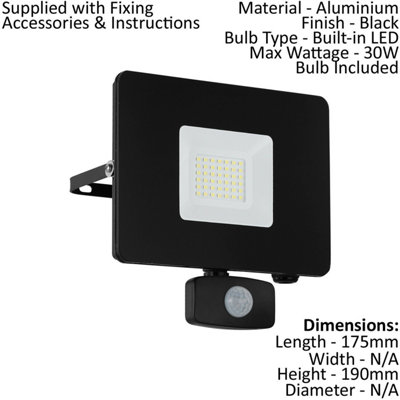 IP44 Outdoor Flood Light & PIR Sensor Black Aluminium 30W Built in LED