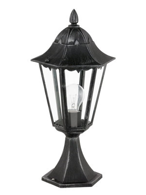 IP44 Outdoor Pedestal Light Black & Silver Patina Lantern 1 x 60W E27 Bulb