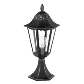 IP44 Outdoor Pedestal Light Black & Silver Patina Lantern 1 x 60W E27 Bulb