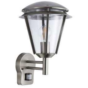 IP44 Outdoor Wall Lamp Brushed Steel Modern PIR Lantern Porch Curved Move Light