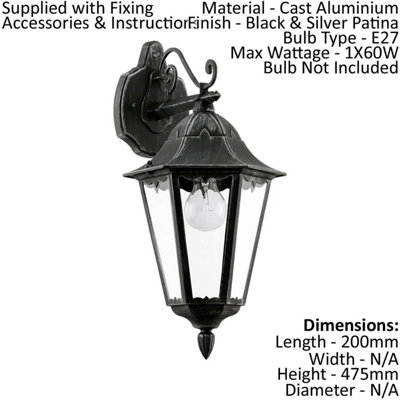 IP44 Outdoor Wall Light Black & Silver Patina Lantern 1 x 60W E27 Bulb