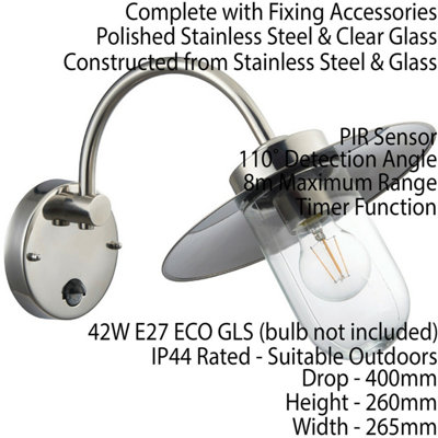 IP44 Outdoor Wall Light Polished Steel Fisherman PIR Lantern Classic Overhang