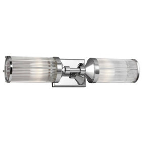 IP44 Twin Wall Light 2 Bar Horizontal Ribbed Glass Tube Shade Chrome LED G9 3.5W