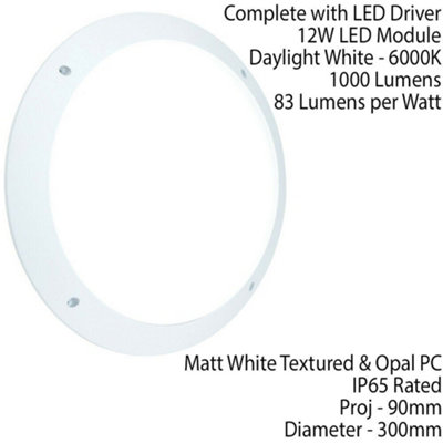 IP65 Outdoor Round Wall Ceiling Lamp Matt White Plain Bulkhead 12W Daylight LED