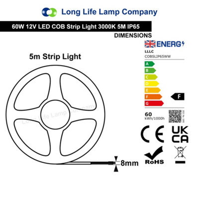 IP65 Water Proof Outdoor & Indoor LED Strip Light Tape Warm White Continuous COB Illumination 5 Metres 12v