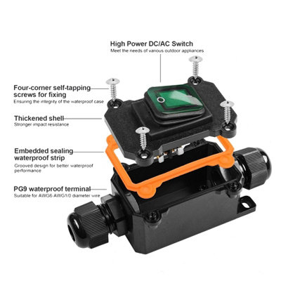 IP65 waterproof 4-pin in-line wire switch with green rocker button for ...