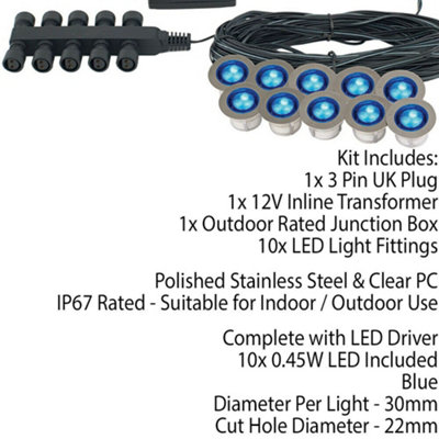 IP67 Decking Plinth Light Kit 10x 0.45W Blue Round Garden Lamps Outdoor Rated