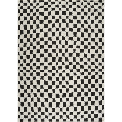 IRINA Scandi Modern High Pile Black/Ivory Checkered Area Rug 140 x 200 cm