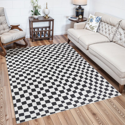 IRINA Scandi Modern High Pile Black/Ivory Checkered Area Rug 200 x 275 cm