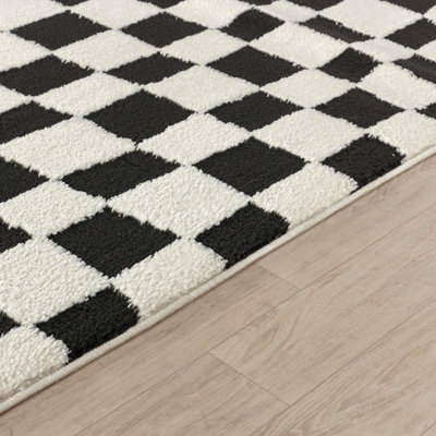 IRINA Scandi Modern High Pile Black/Ivory Checkered Area Rug 200 x 275 cm