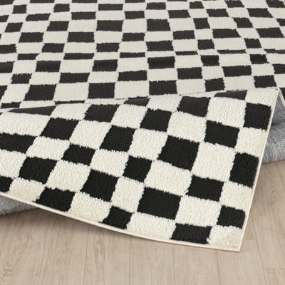 IRINA Scandi Modern High Pile Black/Ivory Checkered Area Rug 200 x 275 cm