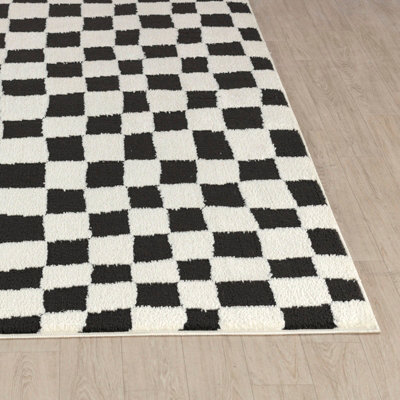 IRINA Scandi Modern High Pile Black/Ivory Checkered Area Rug 200 x 275 cm