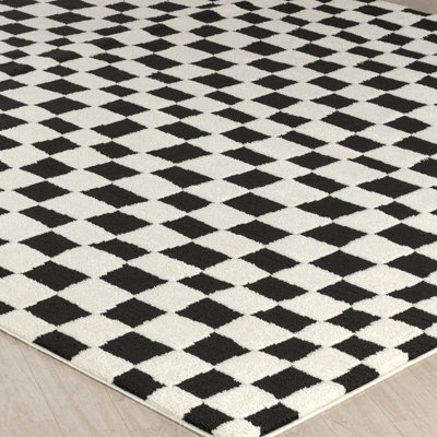 IRINA Scandi Modern High Pile Black/Ivory Checkered Area Rug 200 x 275 cm