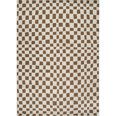 IRINA Scandi Modern High Pile Ivory/Brown Checkered Area Rug 120 x 170 cm