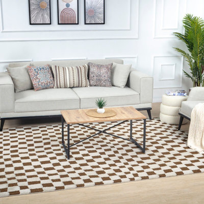 IRINA Scandi Modern High Pile Ivory/Brown Checkered Area Rug 160 x 213 cm