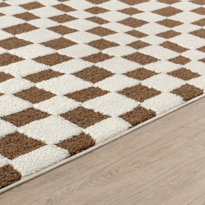 IRINA Scandi Modern High Pile Ivory/Brown Checkered Area Rug 160 x 213 cm