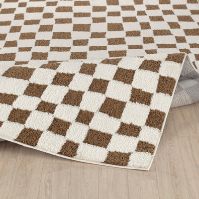 IRINA Scandi Modern High Pile Ivory/Brown Checkered Area Rug 160 x 213 cm
